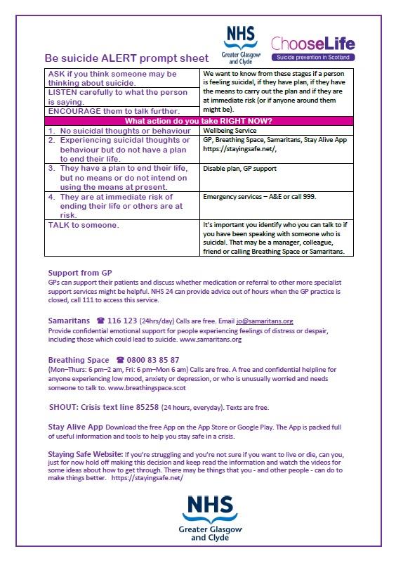 COVID 19 Suicide Alert prompt sheet